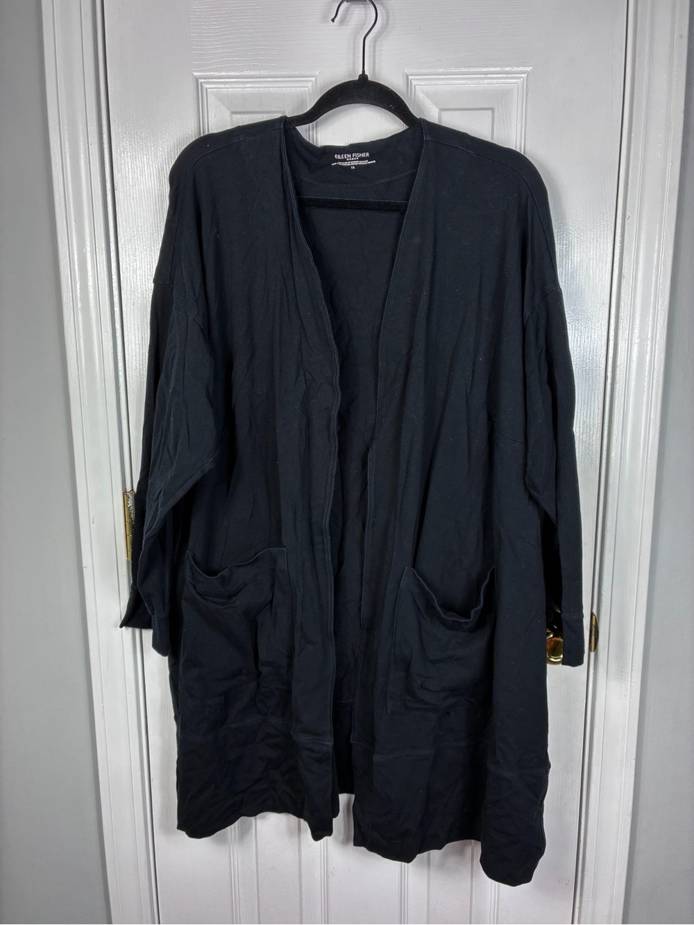 Eileen Fisher Black Open-Front Pocket Cardigan Size 1X